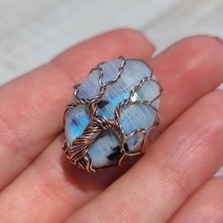Wire Wrapped Rainbow Moonstone Tree of Life 925 Ring Thumbnail