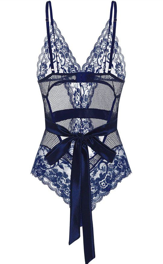 Nwt New New nwt Sexy Women Teddy Lingerie Outfits One Piece Fishnet Teddy Lace Cups Bodysuit mesh Babydoll navy blue

