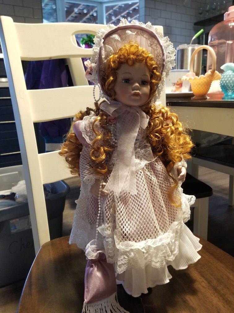 Porcelain Doll With Red Hair And Stand