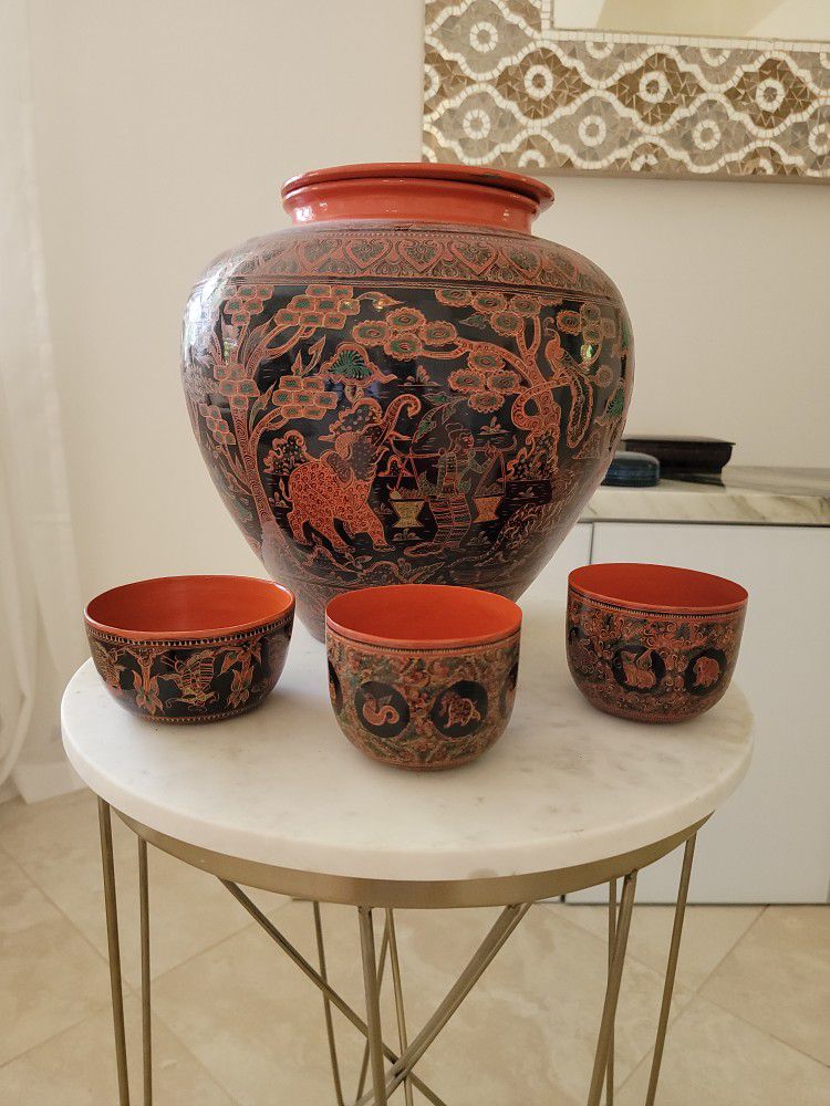 Etched Bermese Water Pot With 3 Bowls