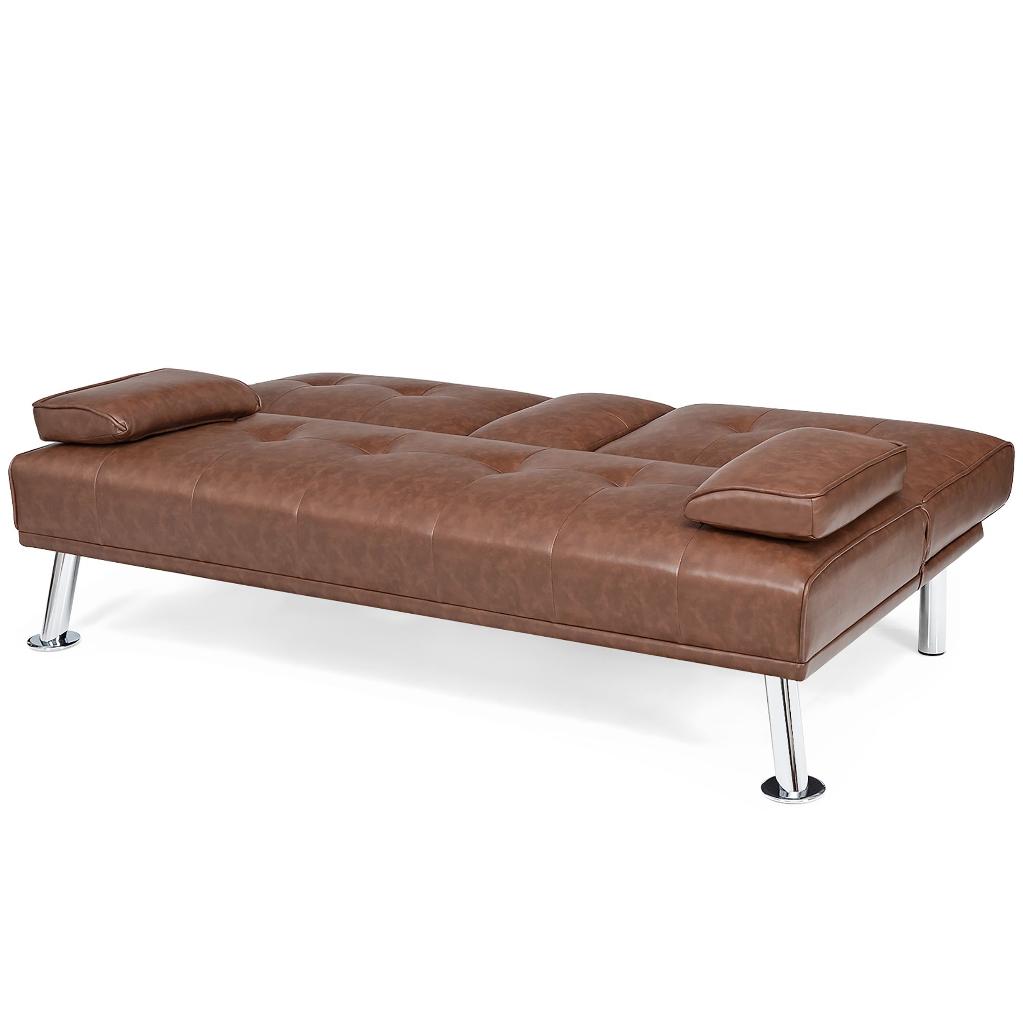 Costway Convertible Folding Futon Sofa Bed Leather w/Cup Holders&Armrests Brown