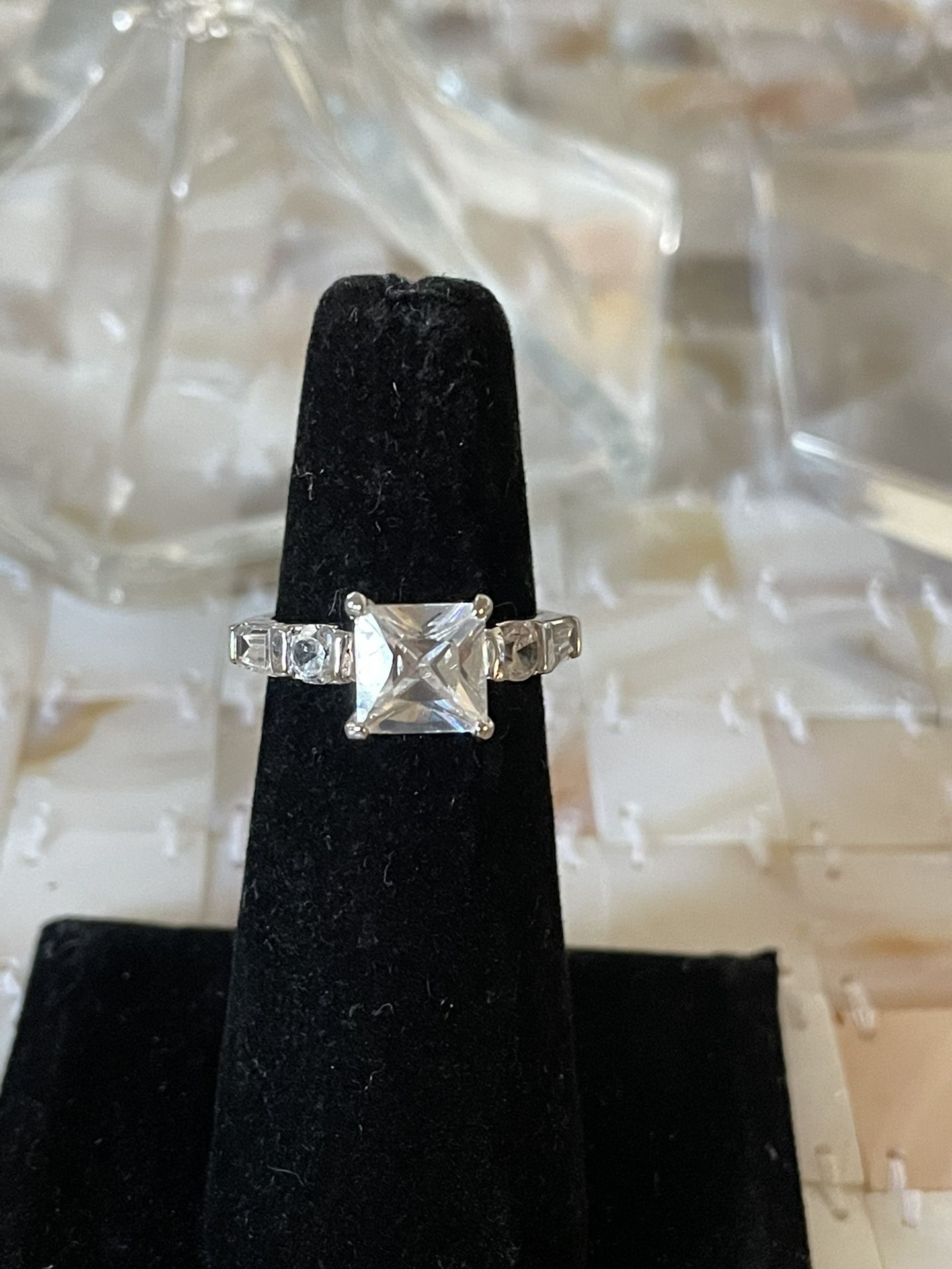 Silver 925 Stamped Princess Cut Engagement Ring Size 6