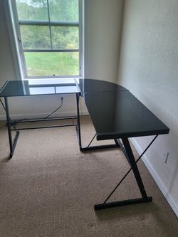 2 Person Black Glass Top Space Efficient Desk With 1 Desk Chair 51" L x 20" W x 35" H Thumbnail