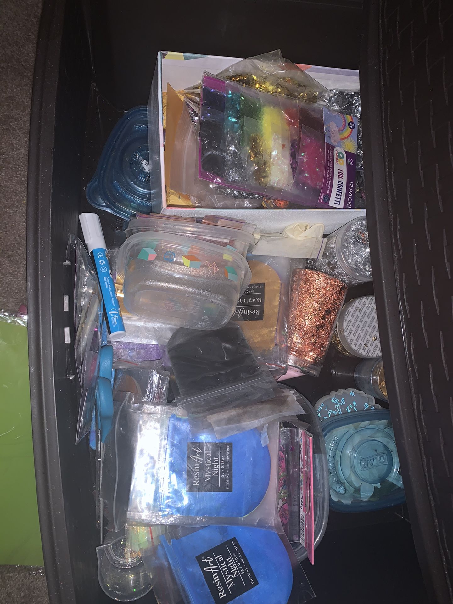 ART BIN FILLED WITH RESIN CREATION MATERIALS