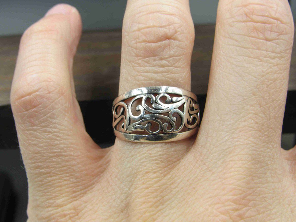 Size 7.75 Sterling Silver Filigree Nature Band Ring Vintage Statement Engagement Wedding Promise Anniversary Bridal Cocktail