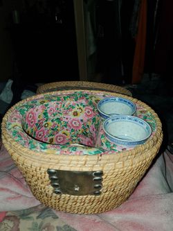 Vintage Republic Era Ceremonial Tea Set In Padded  Wicker Basket Thumbnail