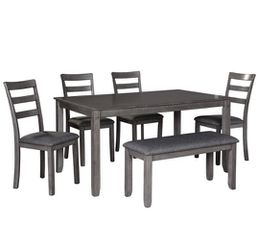 SPECIAL] Bridson Gray Dining Table and Chairs with Bench (Set of 6) Thumbnail