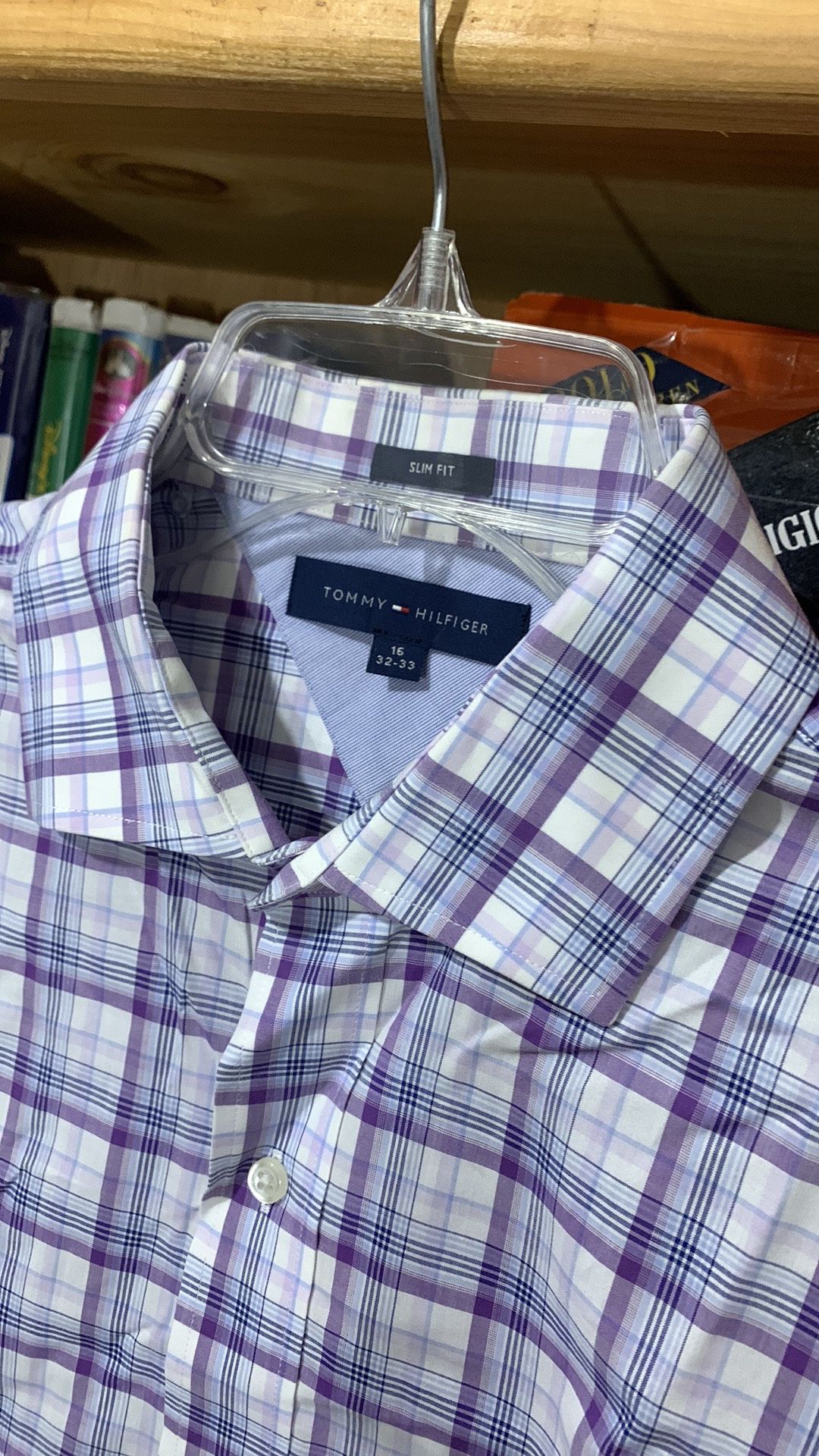 TOMMY HILFIGER-men’s violet/blue plaid ‘SLIM FIT’ long sleeve dress shirt