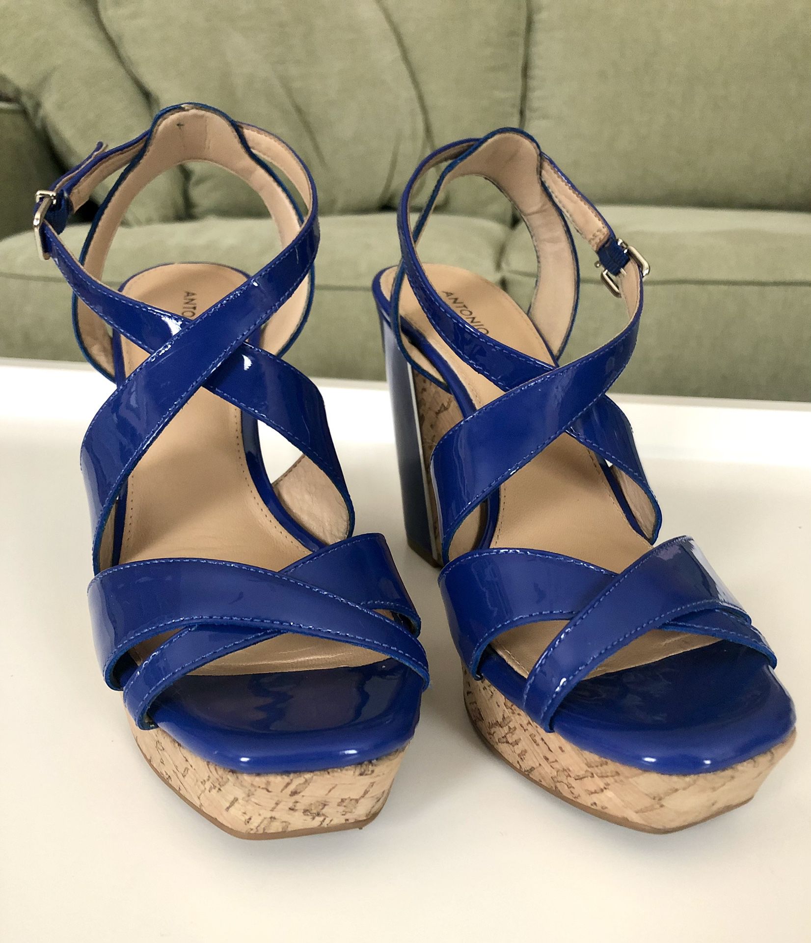 Antonio Melani Blue Sydniee Leather Cork Wedge Heels Size 8