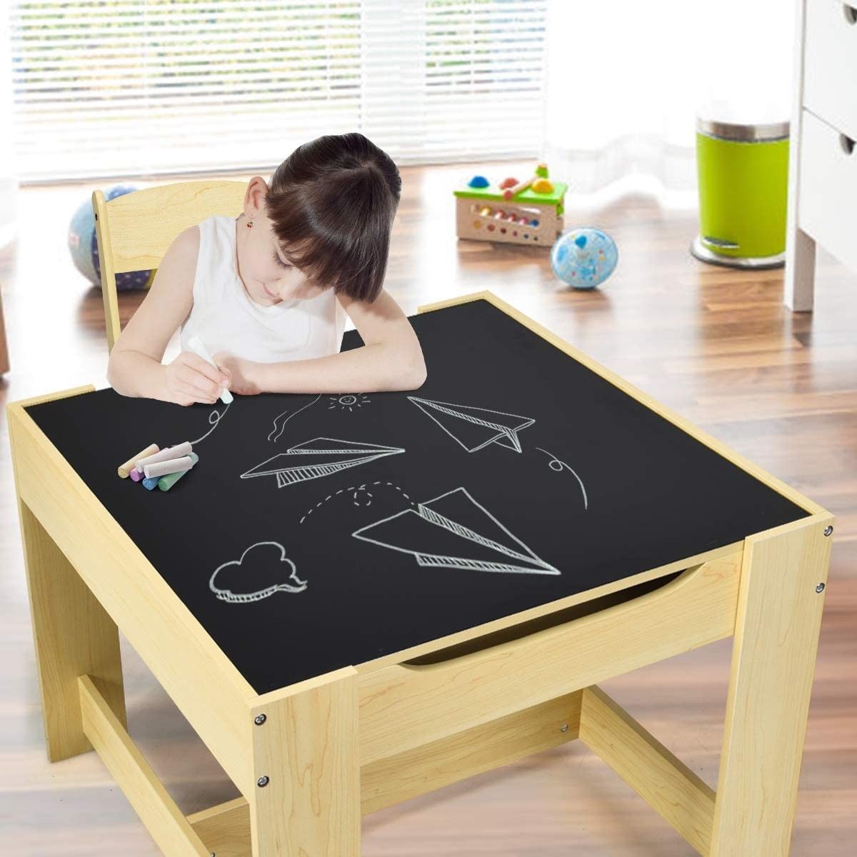 Kids Wood Table & 2 Chair Set, Children Activity Table Desk Sets w/Storage Drawer