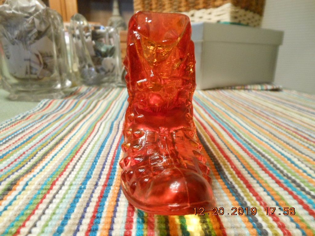 Vintage Fenton Amberina/Orange/Red Glass Hobnail Cat Head Shoe
