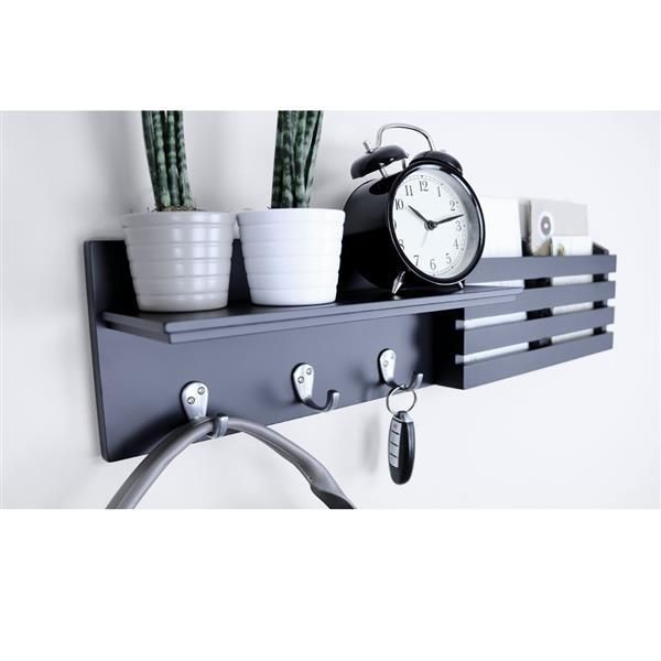 Wall Shelf and Mail Holder with 3 Hooks, 24-Inch by 6-Inch, Black