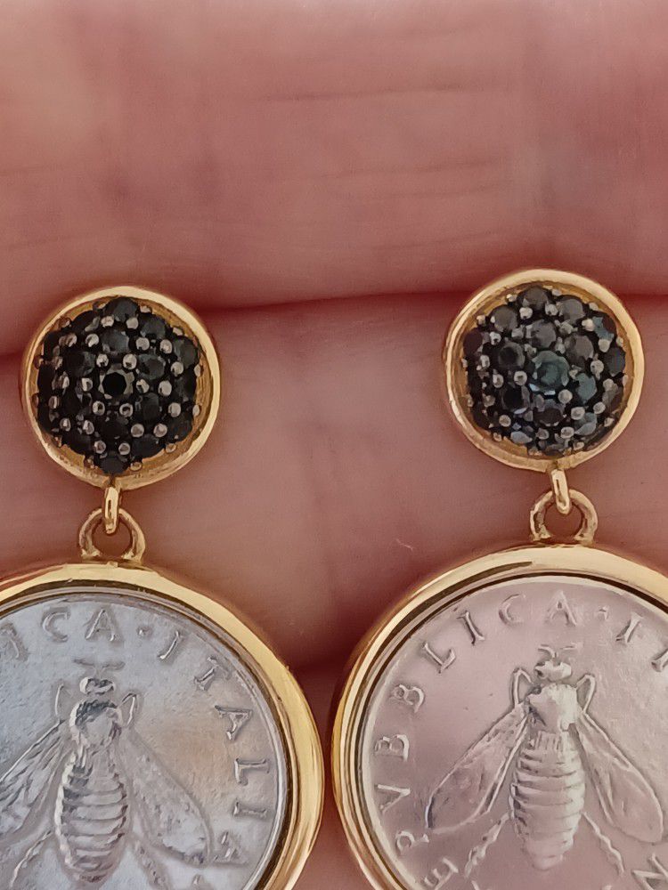 Italy Bellezza Sterling 18kt.plated Blk Diamond BEE Coin Earrings