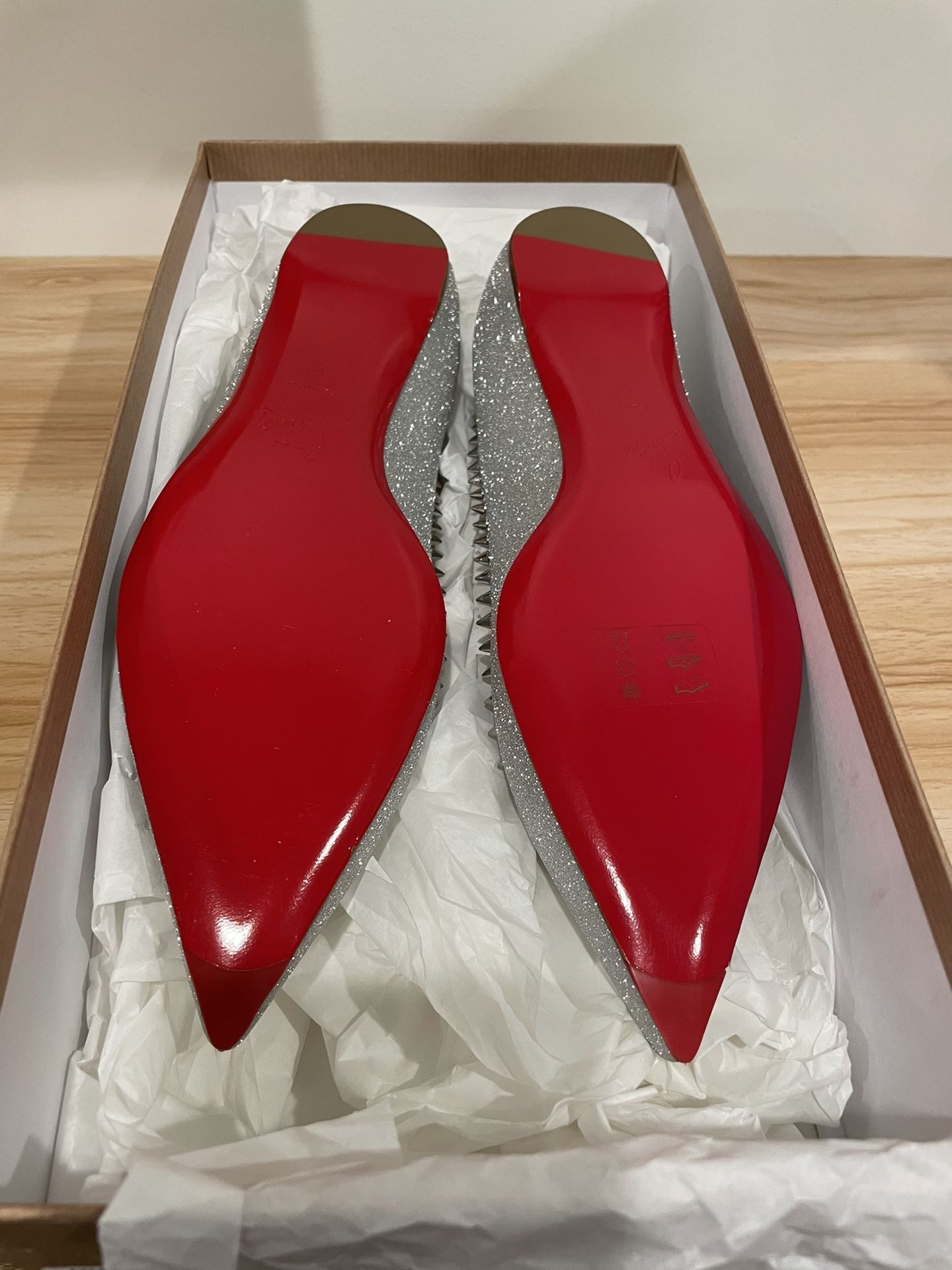 Christian Louboutin Silver Glitter Anjalina Spike Flats. Size 36,