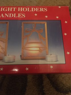 Set Of 3 Tea Light Holders With Candles Tree Bird Bell Thumbnail