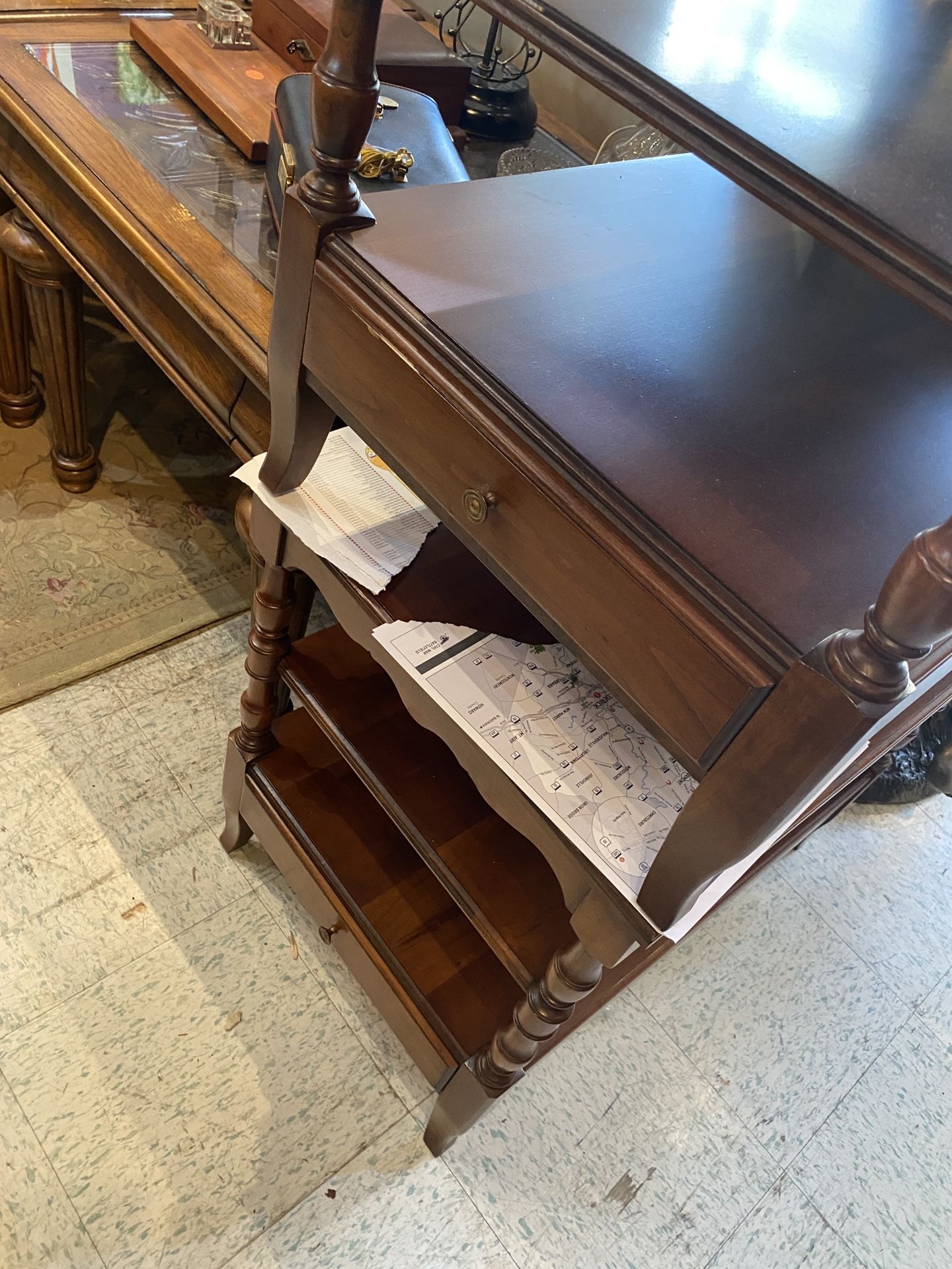 Pair Of 2 Tier , 1 Drawer Solid Wood End Stands
