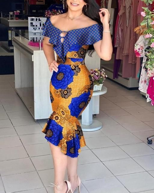 Mirnerba Elegant Women Fashion Off Shoulder Ruffled Sleeve Slim Fishtail Party Dress A