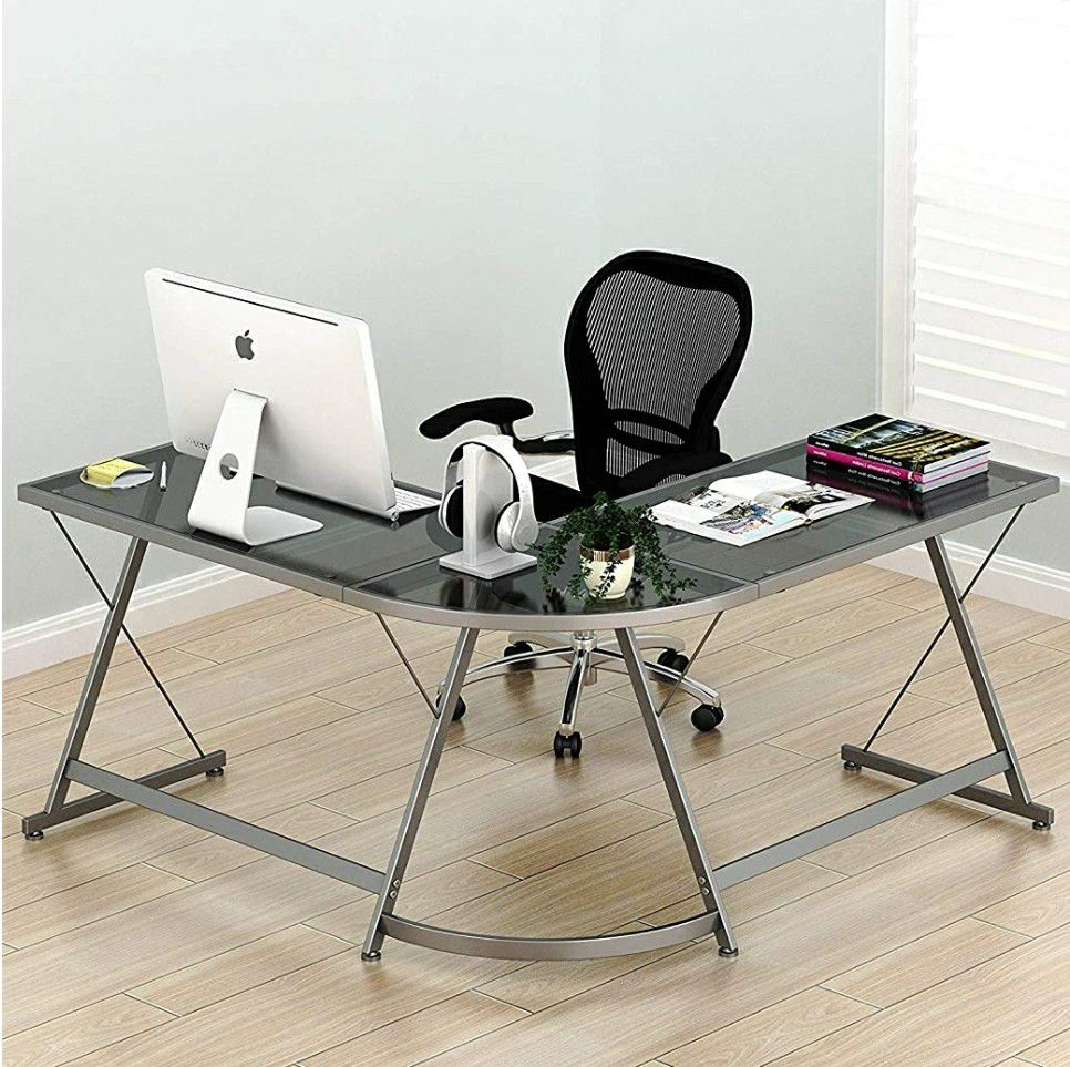 Modern Nickel Silver Finish Corner L Desk (Steel and Glass)