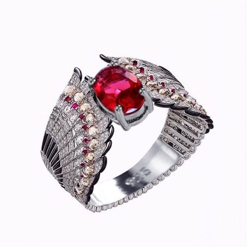 "Ethnic Oval Red Ruby Zircon Wings Vintage Silver Ring for Women, PD596
