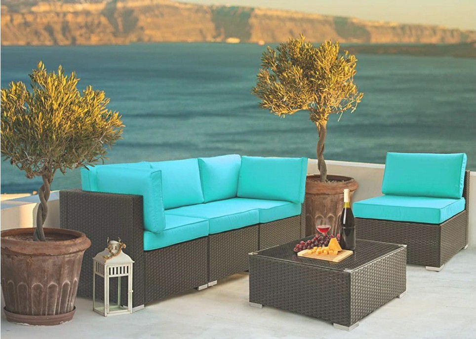 Patio/Outdoor Furniture 5pcs Patio Furniture Sets,Low Back All-Weather Rattan Sectional Sofa w/ Tea Table&Washable Couch Cushions (turquoise & red)