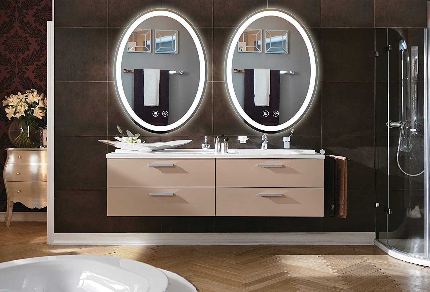 Wall Mounted Anti-Fog Dimmable Touch Button Mirror LED Lighted Oval Vanity Bathroom Makeup Mirrors with Magnifier