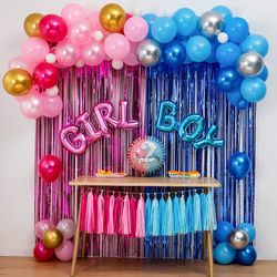 Boy Or Girl Gender Reveal Party Decoration Set,&Balloons Arch Garland Kit(Blue Silver Pink Gold),Foil Balloons,Metallic Fringe Curtains,18 in gender r Thumbnail