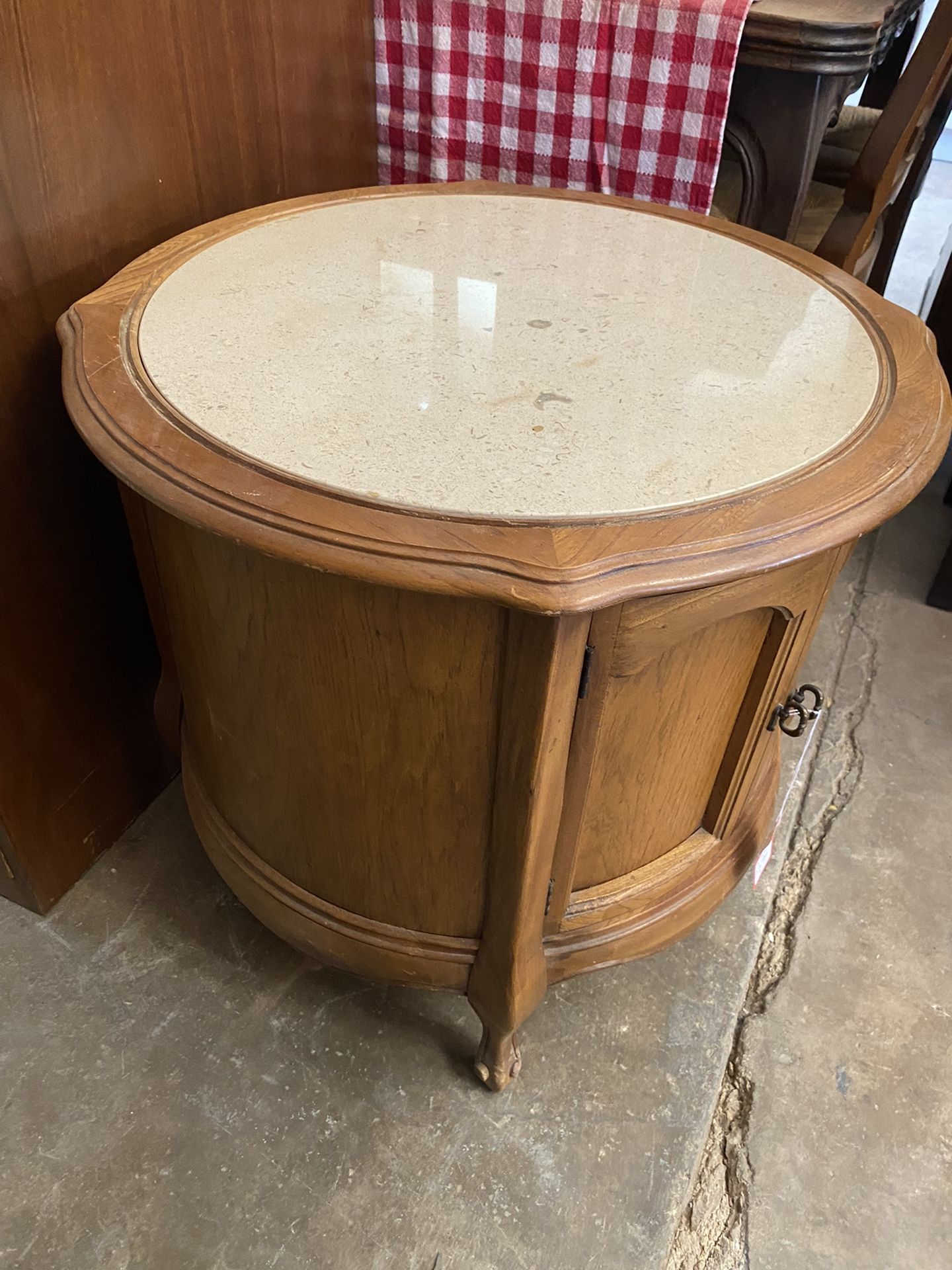 Vintage Marble Top Wood Barrel Style End Table Cabinet