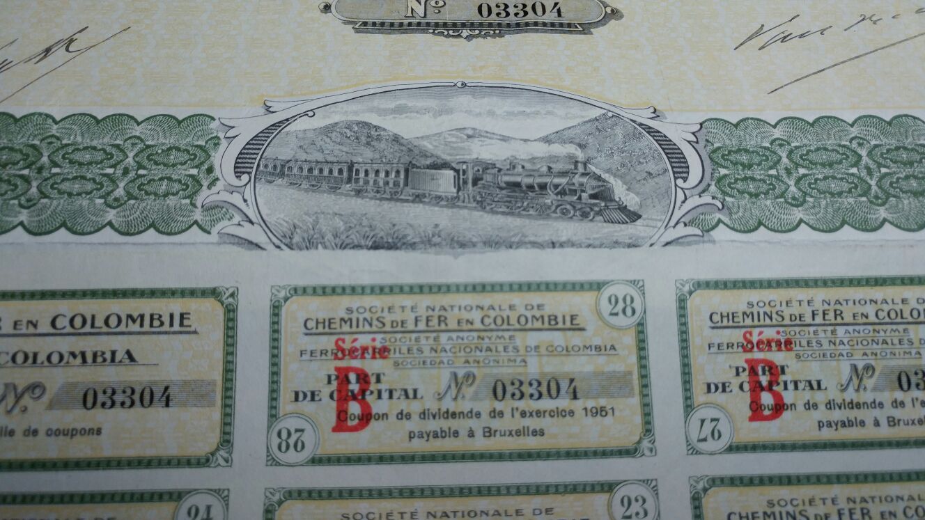 1927 Colombia Railroad bond share certificate