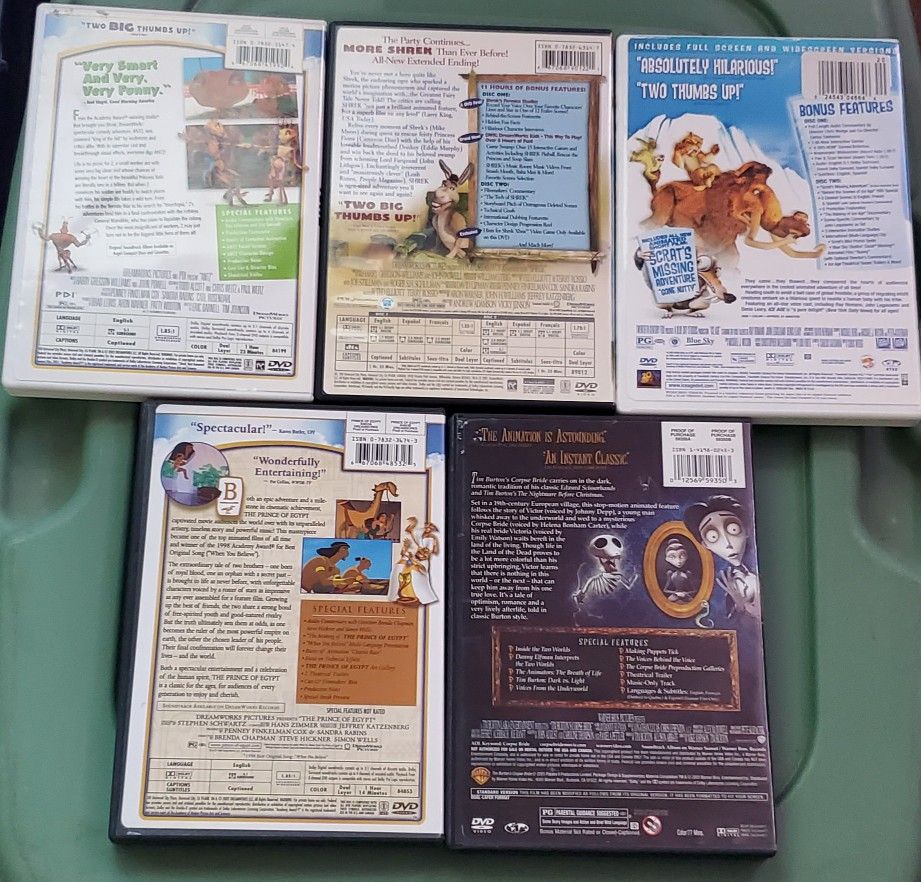 DVD kid movies Antz, Shrek, Ice Age, The Prince of Egypt, Corpse Bride