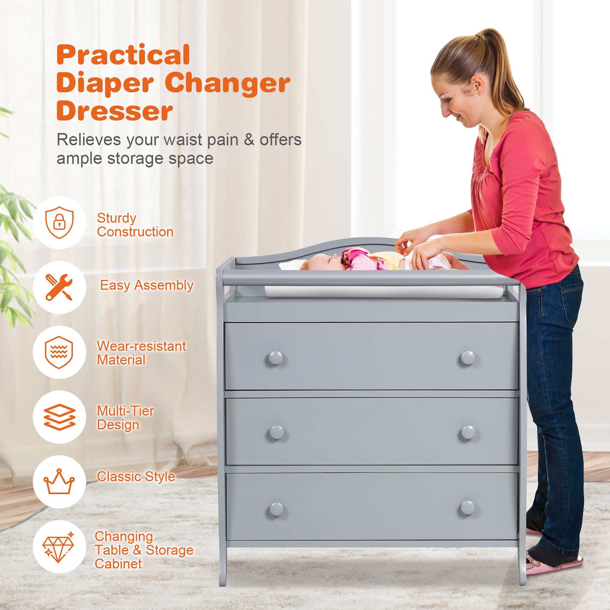 Costway 3-Drawer Dresser Changing Table w/Safety Belt Guardrails for Kids' Room