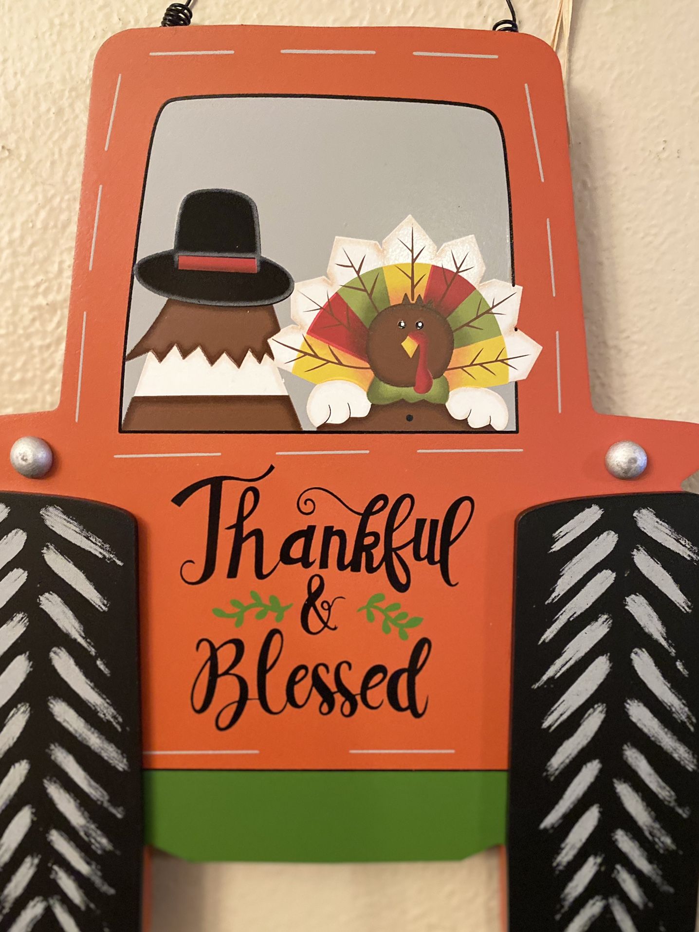 Fall Autumn Thankful & Blessed Pilgrim, Turkey & Farmhouse Tractor Hanging Wood Sign