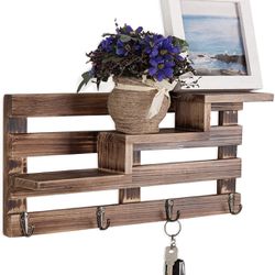 Key Rack for Wall, Rustic Burnt Wood Entryway Key Holder with Tiered Floating Shelves Thumbnail