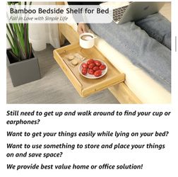  Bamboo Bedside Shelf for Bed with Cable Management & Cup Holder, Versatile Use as Snack Bedside Table, Tablet Holder Thumbnail