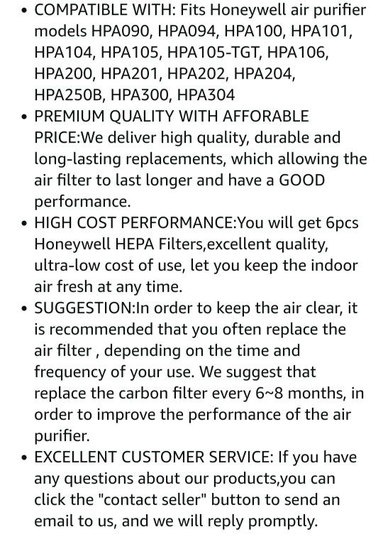 New Gazeer Premium Hepa Filters 6 Pk.  For Honeywell Air Purifier
