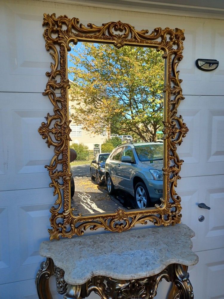 Antique Marble Top Console Table And Gold Mirror