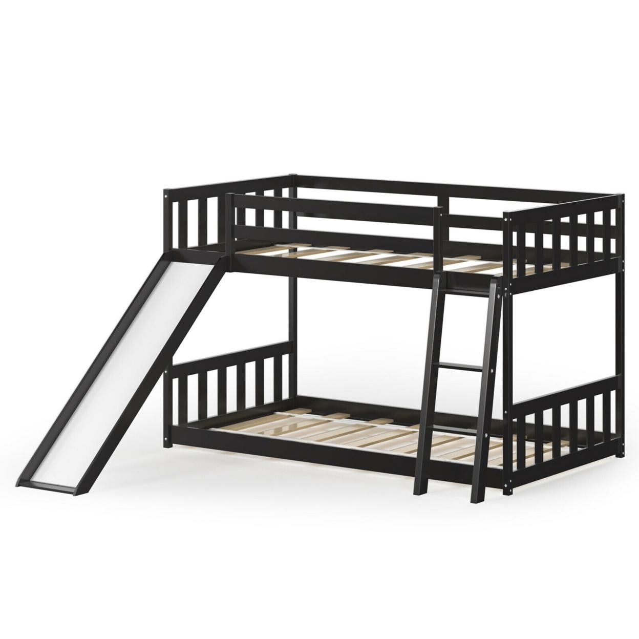 Gymax Twin over Twin Bunk Wooden Low Bed with Slide Ladder for Kids