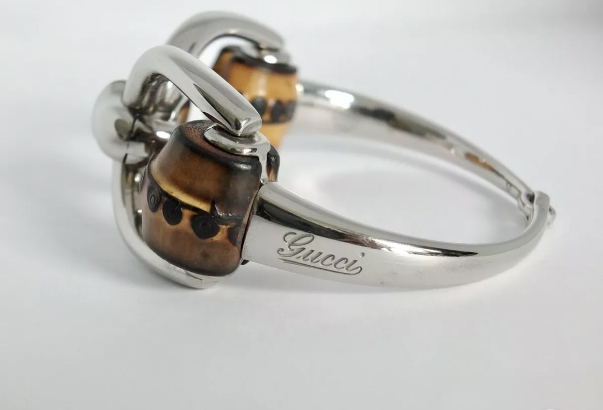 GUCCI sterling Silver Horsebit & Wood Bamboo Bracelet Size 16