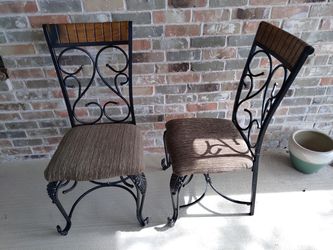 Two Metal Chairs With Fabric Seats And Wooden Back Accents Thumbnail