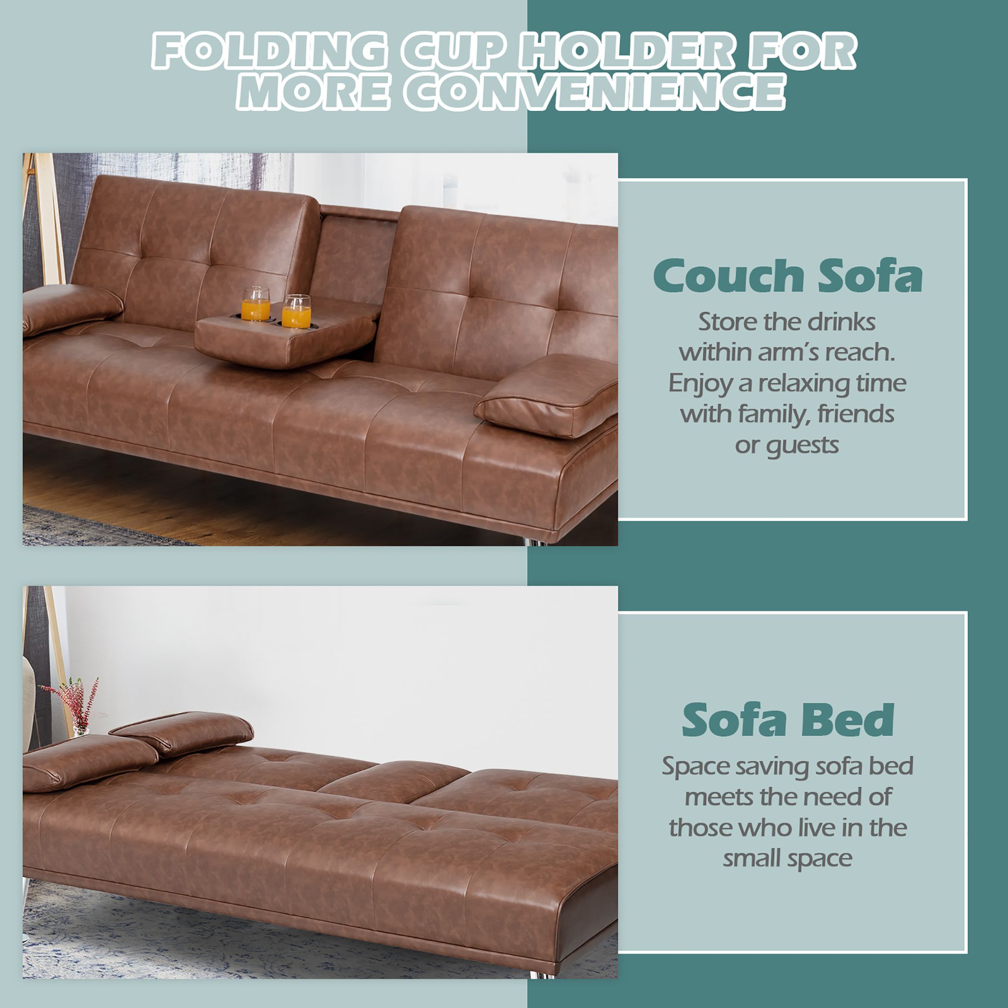 Costway Convertible Folding Futon Sofa Bed Leather w/Cup Holders&Armrests Brown