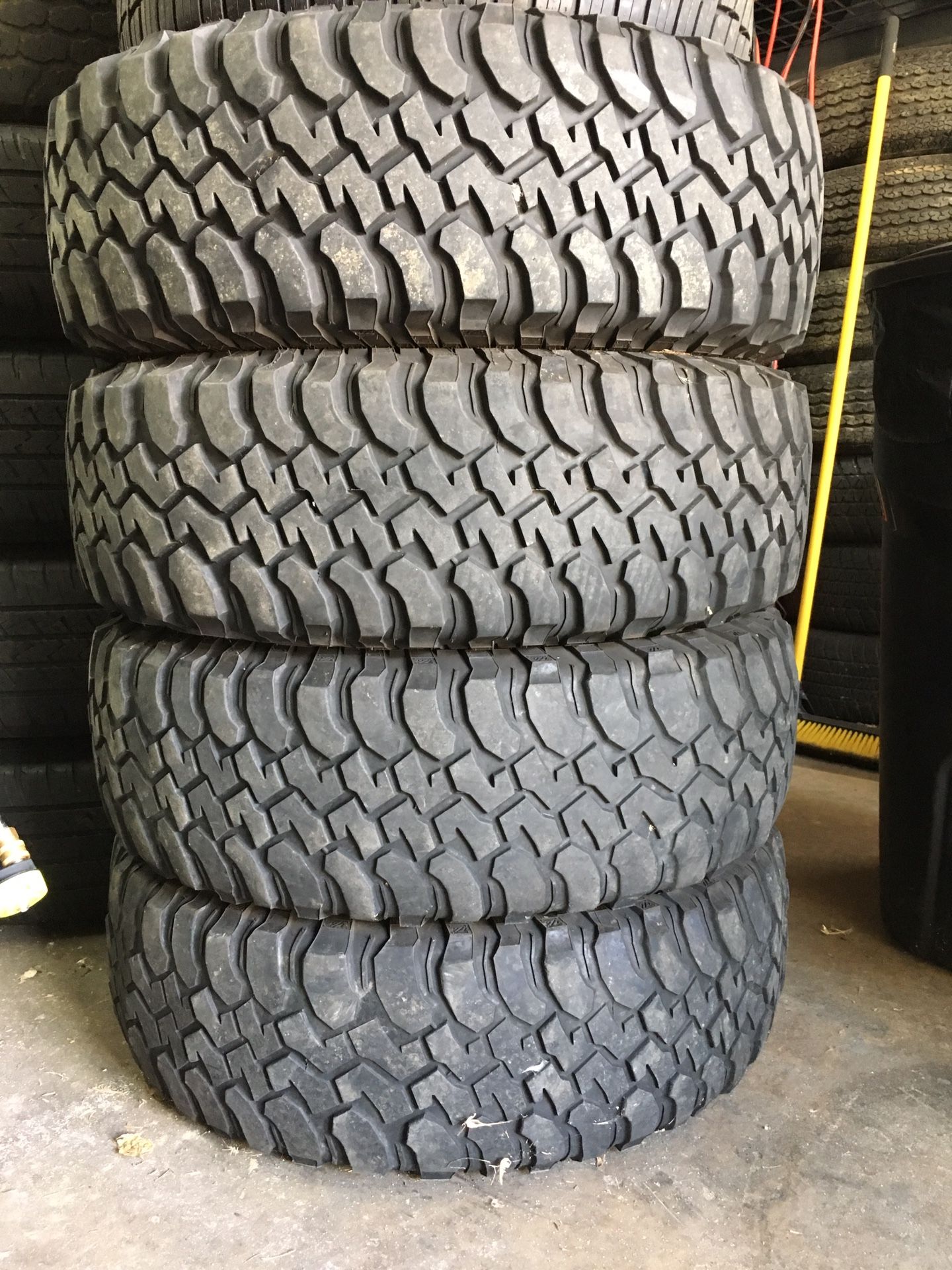 4) 255/75/17 BFGoodrich Mud Terrain KM Tires. Two tires are choppy 275 for 4, only selling as a