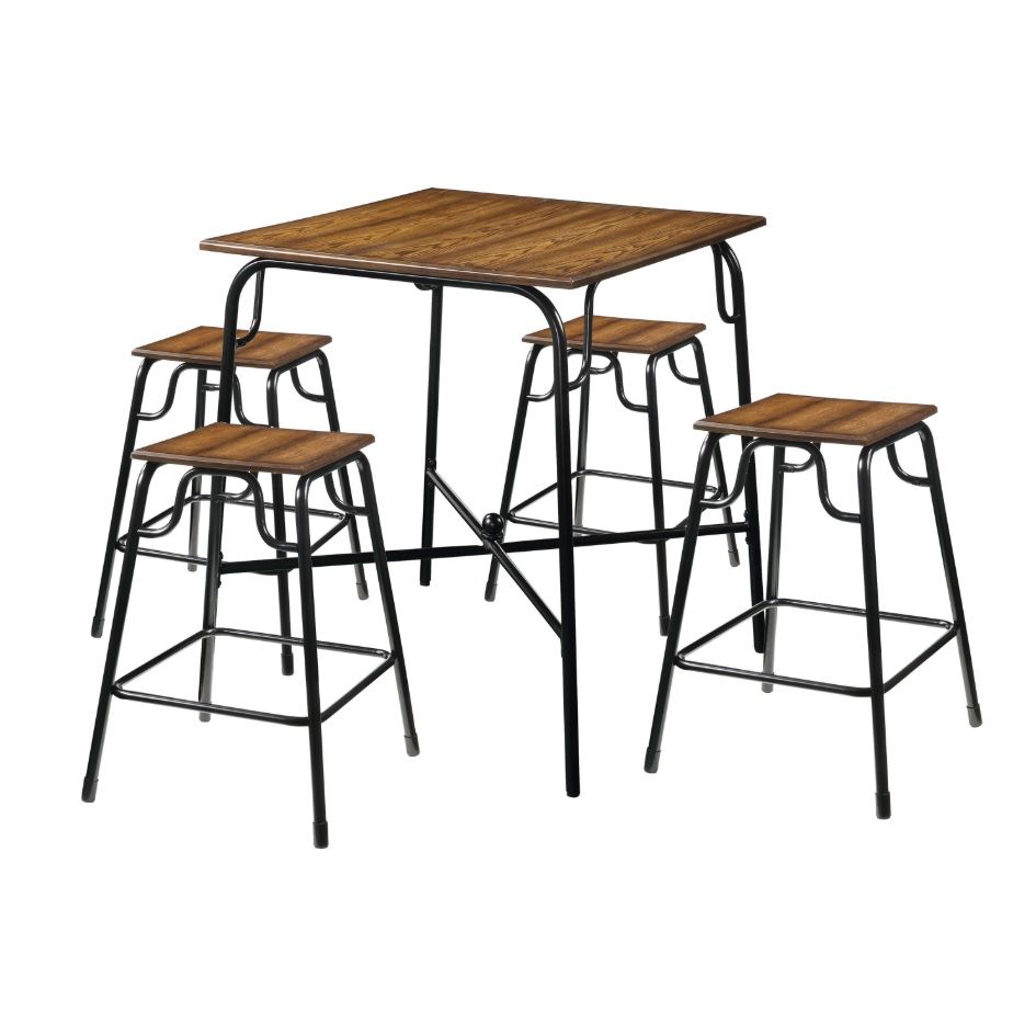 NEW ( 5 Piece ) Counter Height Dining Table Set + 4 Chairs - Metal Wood Grain Kitchen Top Barstool Seats High Bar Stool Dinner Room Bench Walnut -READ