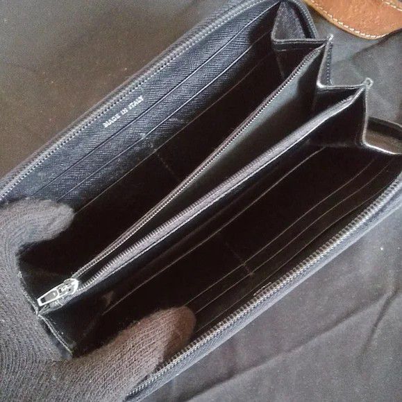 Vintage prada tessuto long black nylon leather zip around large wallet clutch
