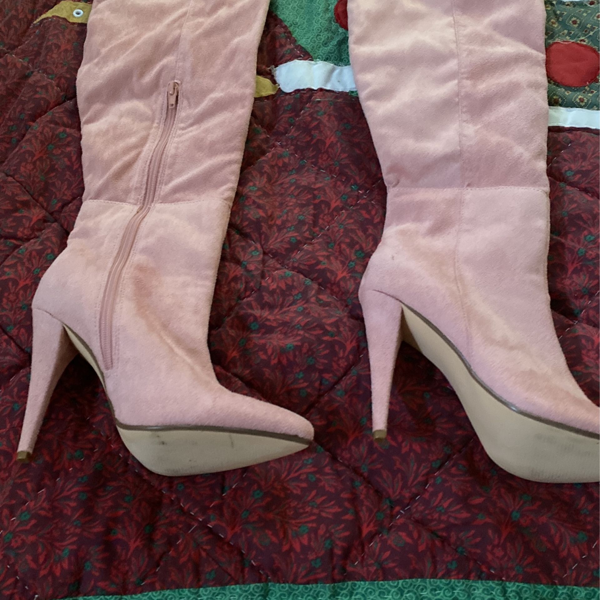 Pink Vegan Suede Thigh High Boots