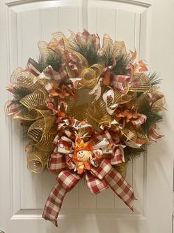 Fall Deco Mesh Floral & Ribbon Wreath Thumbnail