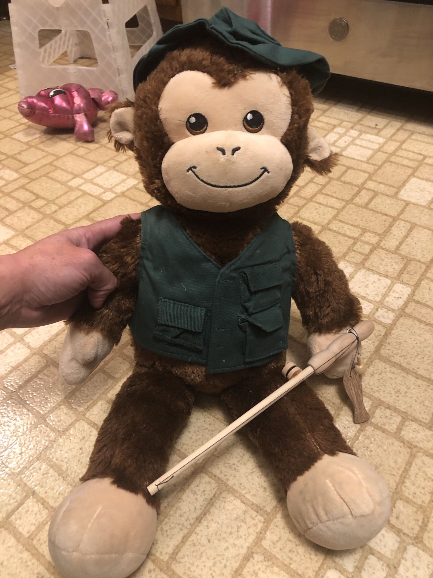 Build a bear stuffed plush monkey with hat vest and fishing pole 15 inches 