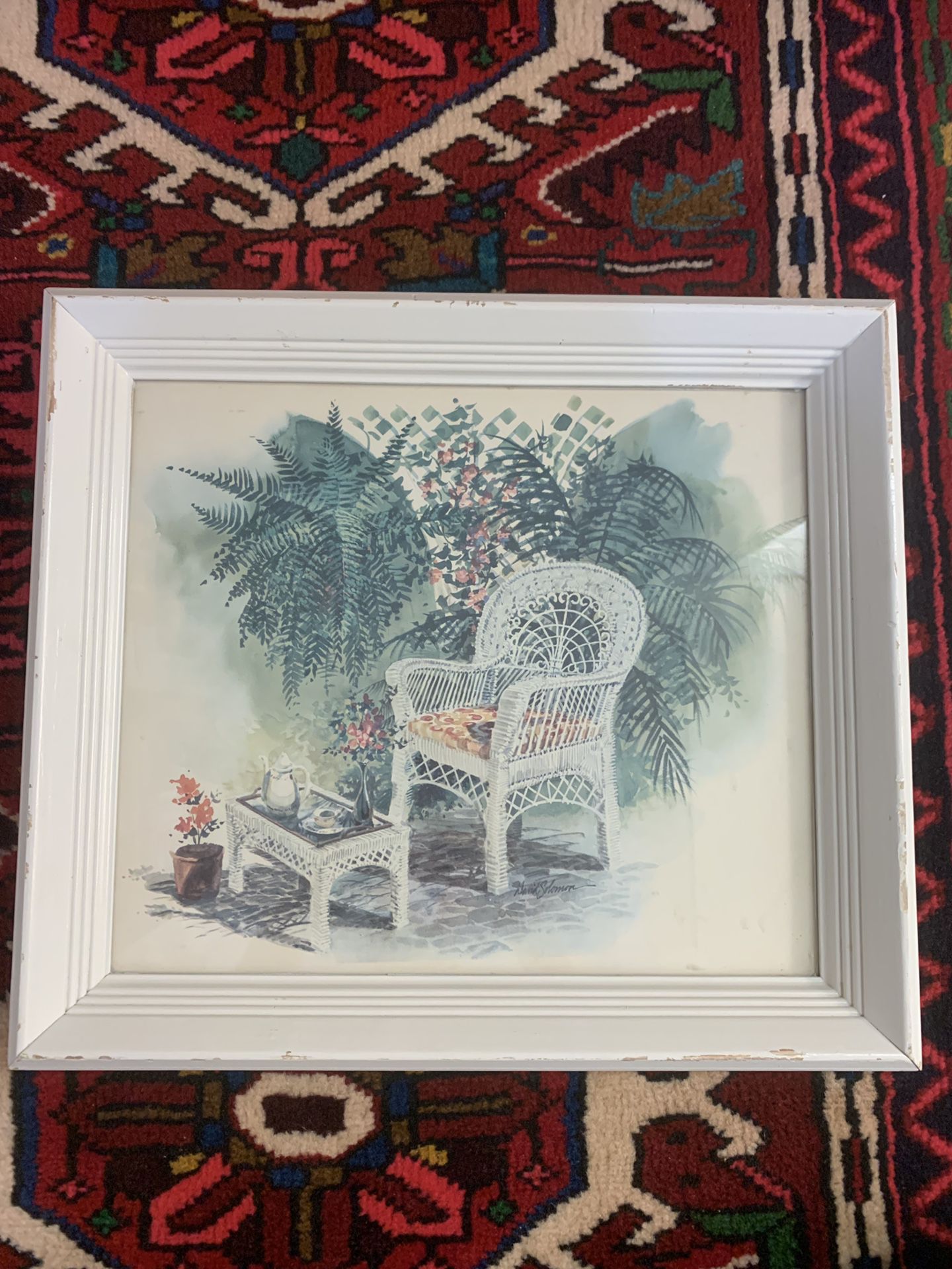 shabby chic framed print with rattan chair