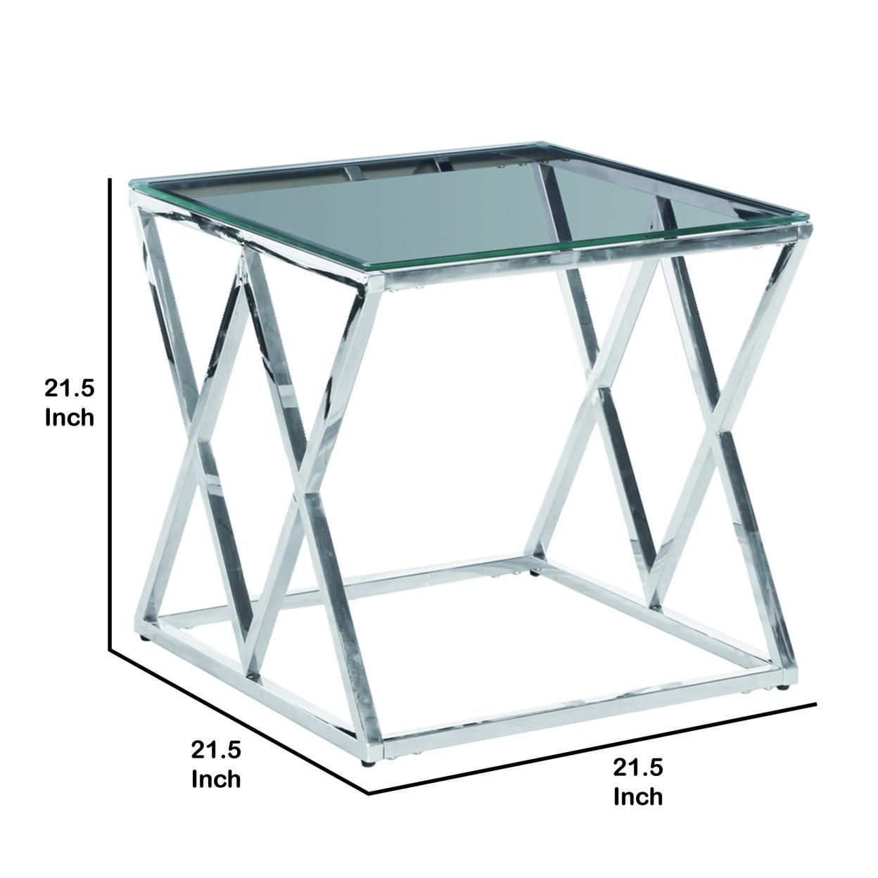Saltoro Sherpi Diamond Shaped Metal Accent Table with Glass Top, Silver