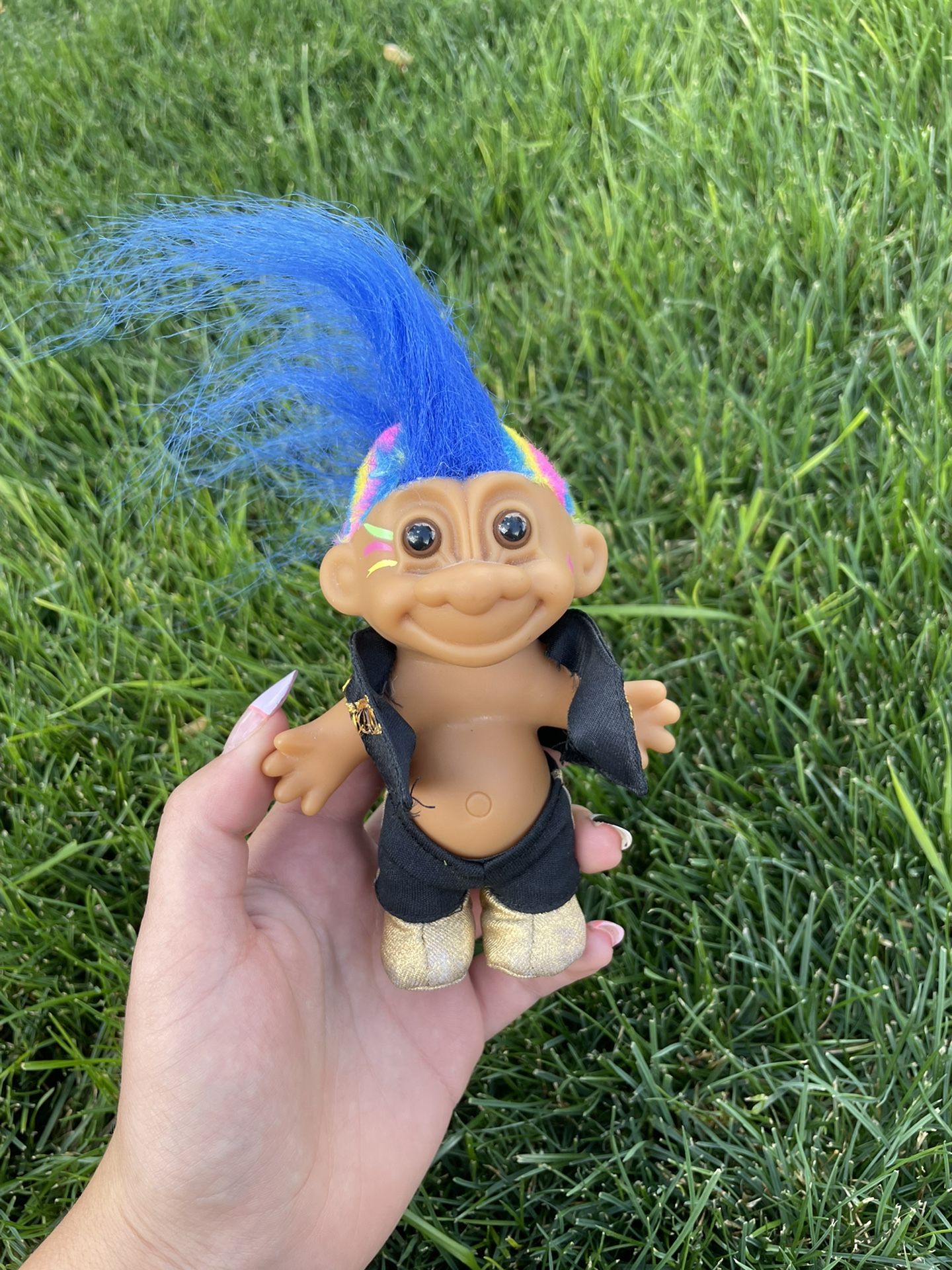 Russ Troll Doll Punk Rocker Vintage 1990s Blue Mohawk Rainbow Hair Guitar Rock