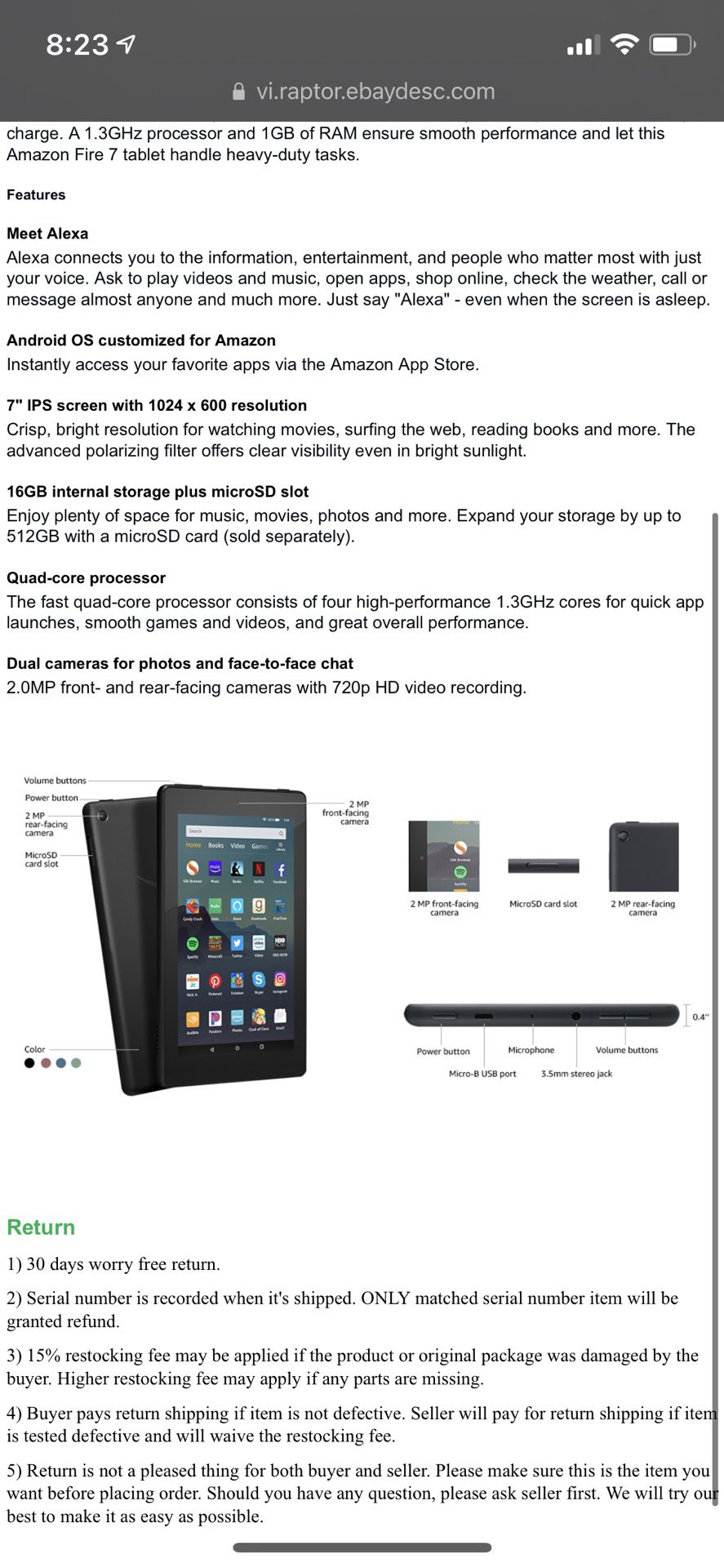 Amazon M8S26G Fire 7 9th Gen. 16GB Wi-Fi 7in. Tablet 