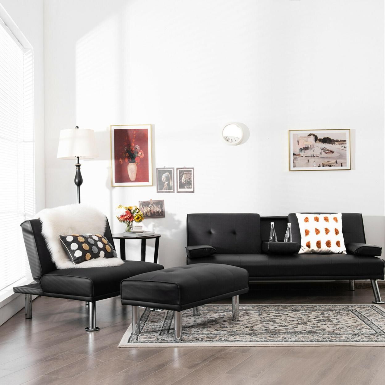 Gymax 3-Piece Sectional Sofa Set Convertible Futon w/Single Sofa & Ottoman Black